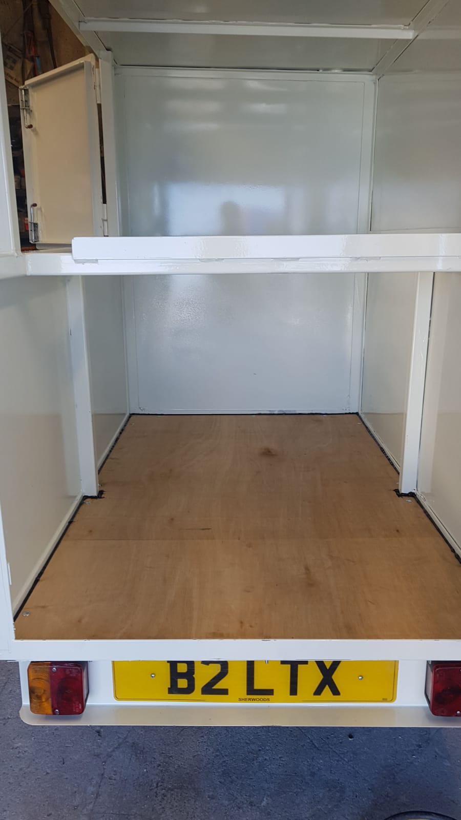 Custom box trailer — interior with shelving